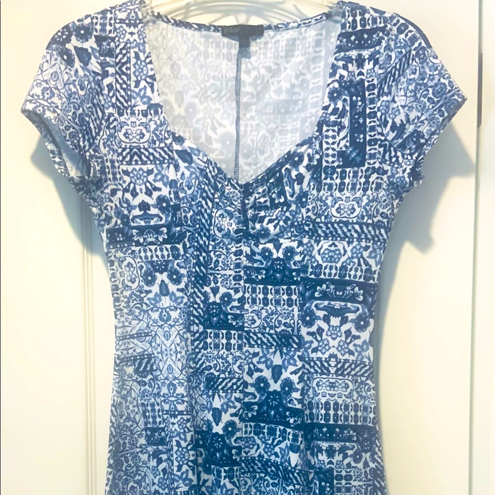 Blue and white print dress